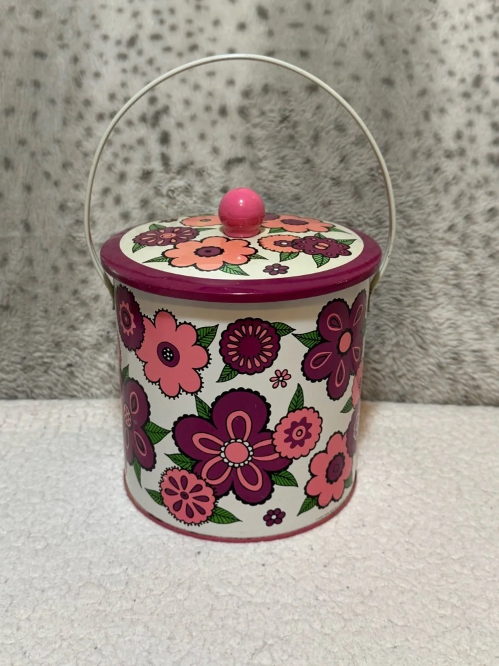 Vintage Baret Ware Metal Biscuit Tin Box Container Purple Pink Flowers